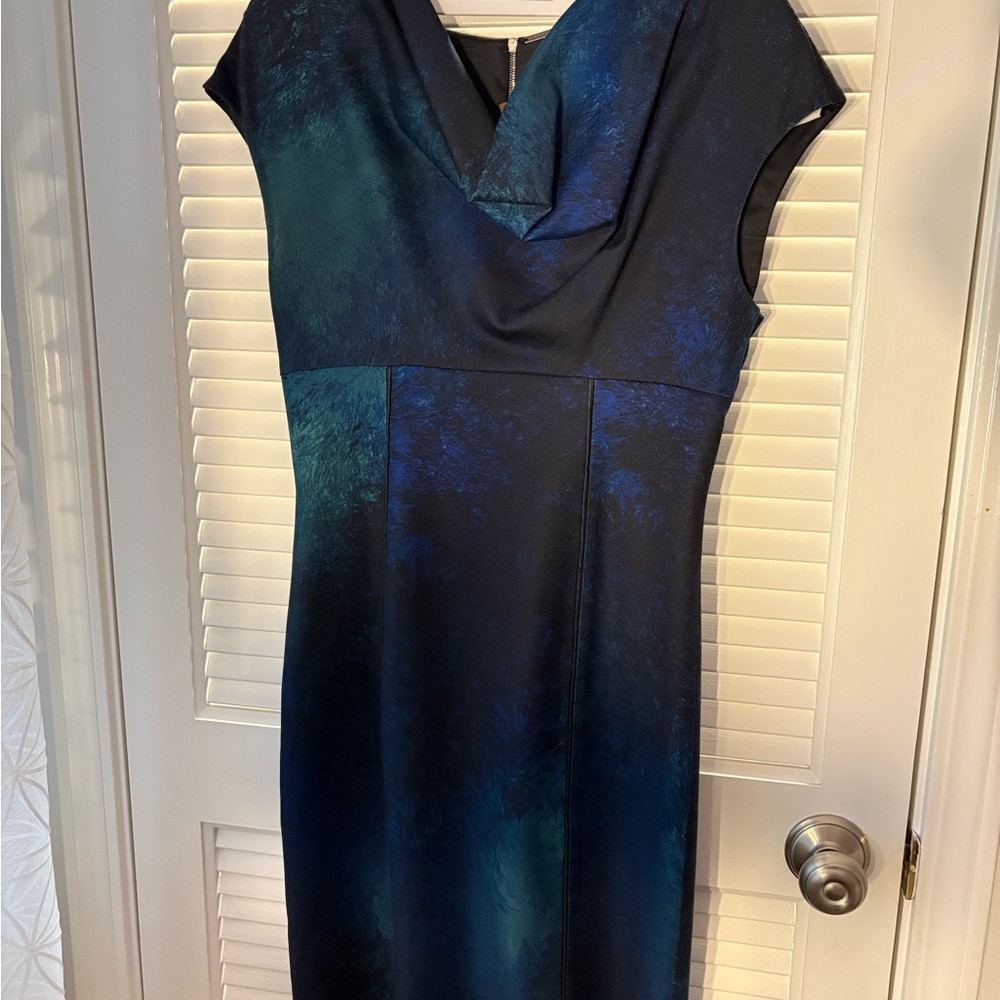 Elie Tahari Navy and Teal Midi Dress